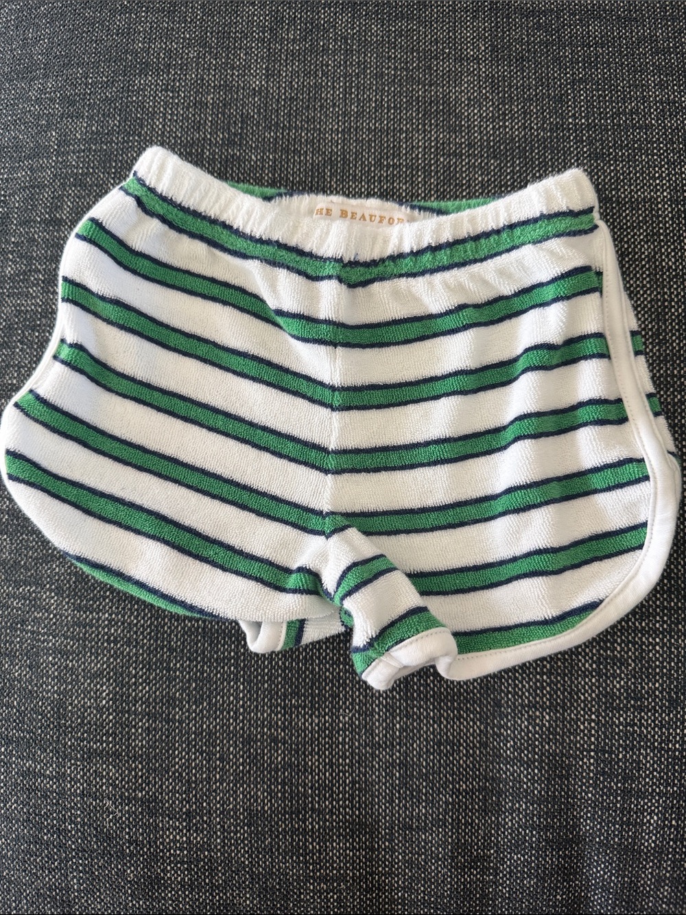 The Beaufort Bonnet Company White, Green & Navy Striped Knit Shorts